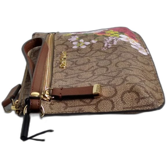 Calvin Klein Saffiano Wristlet - Brown/Pink Floral Zip Closure. - Picture 6 of 8